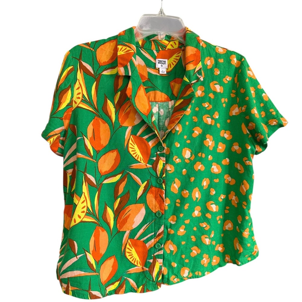 Tabitha Brown Target Green Tropical Floral Leopard Print Linen Blend Shirt L